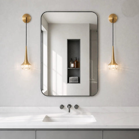 XYDikssn Gold Wall Sconce, Hardwired Wall Light with Brushed Brass and Clear Ribbed Glass Shade, modern bathroom sink setup.