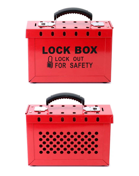 Real Heavy Duty Steel Lockout Tagout Group Lock Box 4 Pack With 12 Padlock Slots Built Like A Tank For Crew Safety And Site Compliance Boss Approved Red Workstation For Everyday Grind, showing red lock box with secure handle.