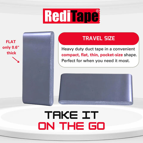 Travel Size Pocket Duct Tape 2 Pack Twin Silver, Compact Flat Mini Rolls, shown in flat and stacked position, ideal for EDC.