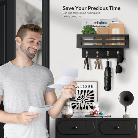 Straight Up Solid Wood Wall Key Holder 10 Inch Decorative Mail Organizer With Four Heavy Duty Hooks For Effortless Entryway Setup And No Sweat Home Organization Black