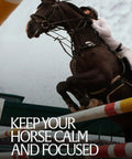 Horse jumping with rider, wearing Noise Blocking Horse Ear Plugs For Shows And Training Soft PU Foam Reusable Ear Buds For Horses.