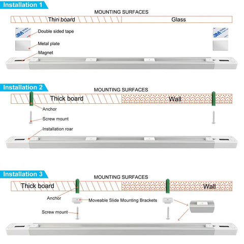 Installation methods for Under Cabinet Lighting With Remote, Color Changing RGB LED Light Bar, including tape, screws, brackets.