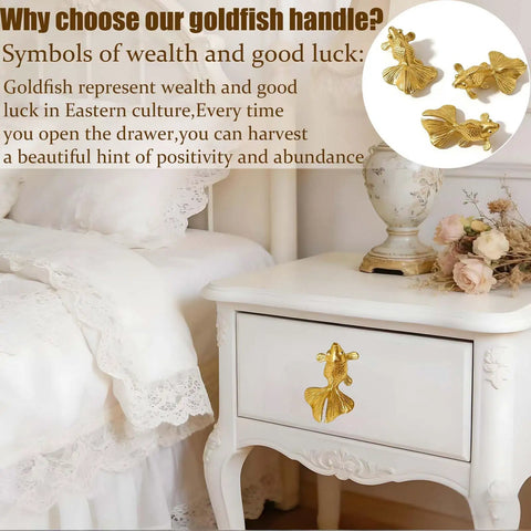 4 Pack Goldfish Cabinet Knobs With 3D Sculpted Fish Design for Cabinets and Drawers on a white nightstand in a bedroom setting