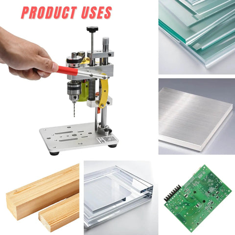 Mini Benchtop Drill Press With 7 Speed Settings And B10 Chuck, handles various materials like wood, aluminum, glass, and PCBs.