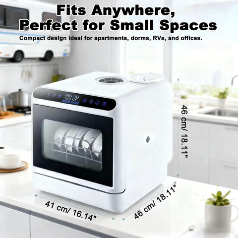 No Sweat Portable Countertop Dishwasher With Built In Water Tank And Three Power Wash Cycles Featuring Quick Hot Air Dry For Rvs Cramped Kitchens And Dorm Rooms on a kitchen counter, compact design with visible controls.