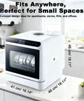 Slick Portable Countertop Dishwasher Featuring 5L Self Contained Tank And Three Automatic Wash Cycles With Rapid Air Dry Compact Build positioned on kitchen counter with design dimensions visible.