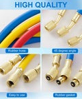 Close-up of Three Piece 5 Foot AC Manifold Gauge Hose Kit For R404A R12 R502 Refrigerants featuring rubber hoses and brass ends