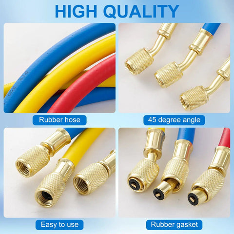 Close-up of Three Piece 5 Foot AC Manifold Gauge Hose Kit For R404A R12 R502 Refrigerants featuring rubber hoses and brass ends