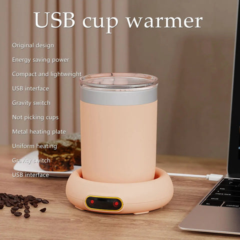 Keep Your Daily Brew Sizzling Hot This Smart Coffee Mug Warmer Uses An Ultra Smooth Metal Heating Base With Gravity Activated Control For Zero Fuss Desk Enjoyment, pink USB cup warmer with metal plate.