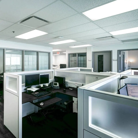 Modern office interior with cubicles, illuminated by ceiling lights using 24 Inch T8 Fluorescent Tube Light Bulb 17W 5000K Bright White.