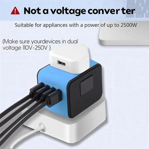 All In One Worldwide Travel Power Adapter With Four USB Ports And AC Outlet For Two Hundred Countries Pocket Sized And Lightweight Ideal For Biz Trips And Vacations Not A Voltage Converter showing cables connected.