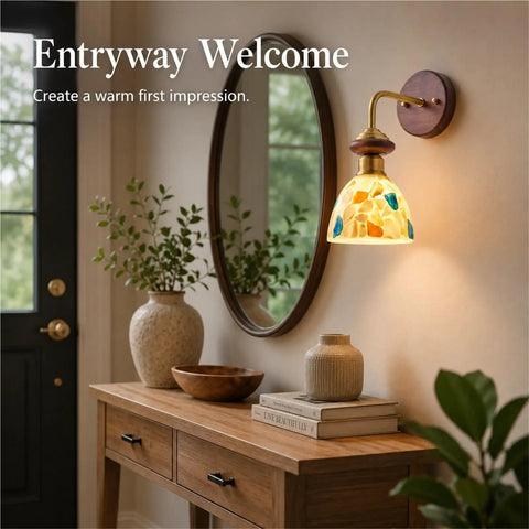BZXNC Indoor Wall Sconce Lamp, Vintage 12.20" Copper, Compact Structure illuminating a cozy entryway with a floral glass shade.