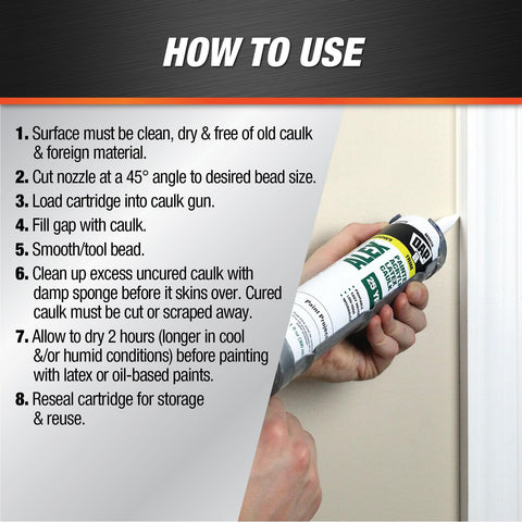 Person applying Painter's Acrylic Latex Caulk White 10.1 Oz All Purpose Sealant For Interior And Exterior Use to door frame edge.
