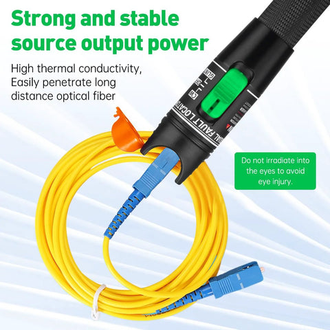 Front view of Moocci Visual Fault Locator fiber optic tester with yellow patch cord and blue FC/LC adapters