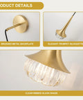 XYDikssn Gold Wall Sconce, Hardwired Wall Light with Brushed Brass and Clear Ribbed Glass Shade, elegant trumpet silhouette detail.