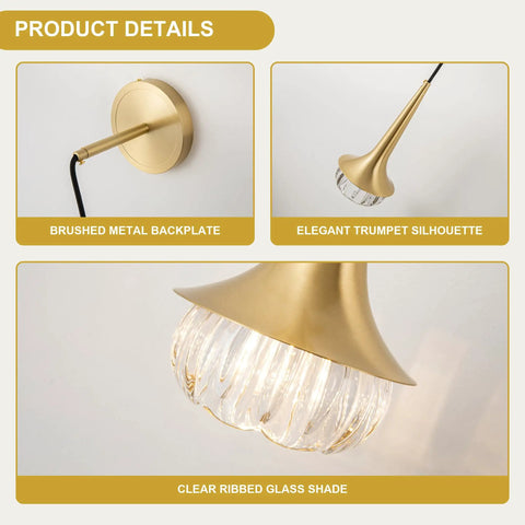 XYDikssn Gold Wall Sconce, Hardwired Wall Light with Brushed Brass and Clear Ribbed Glass Shade, elegant trumpet silhouette detail.