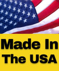 American flag background with bold text 'Made In The USA' on yellow, signifying local production.