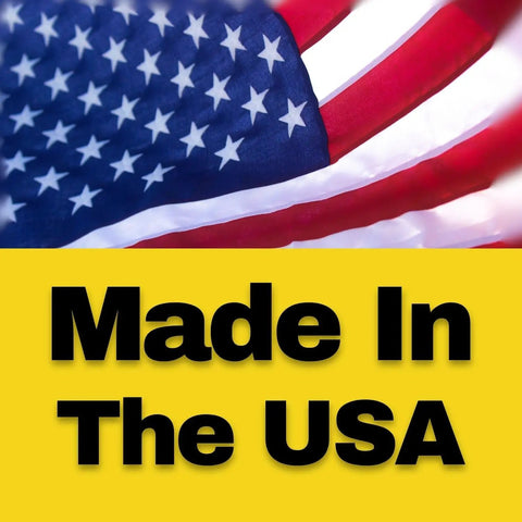 American flag background with bold text 'Made In The USA' on yellow, signifying local production.