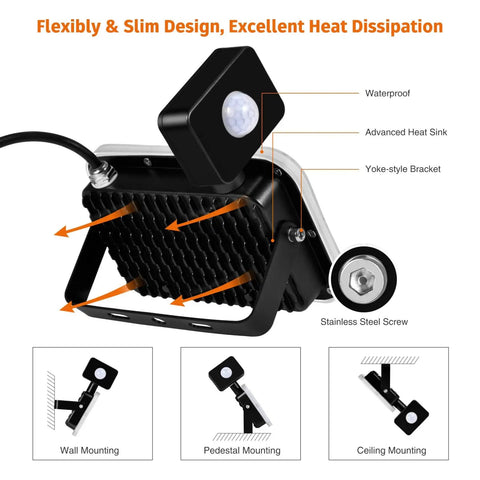 Heavy Duty Motion Sensor Outdoor Lights 30W LED Flood Lamp design with adjustable mounting options and heat sink features.