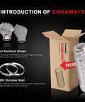 Product giveaways including cut-resistant gloves, 304 stainless steel rings, and Six Inch Insulated Flexible Duct 25 Ft for HVAC.