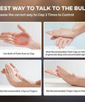 Instructional guide for Three Clap Sound Activated Light Bulb For Bedroom Lamp, showing preferred hand clap techniques.
