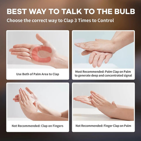 Instructional guide for Three Clap Sound Activated Light Bulb For Bedroom Lamp, showing preferred hand clap techniques.