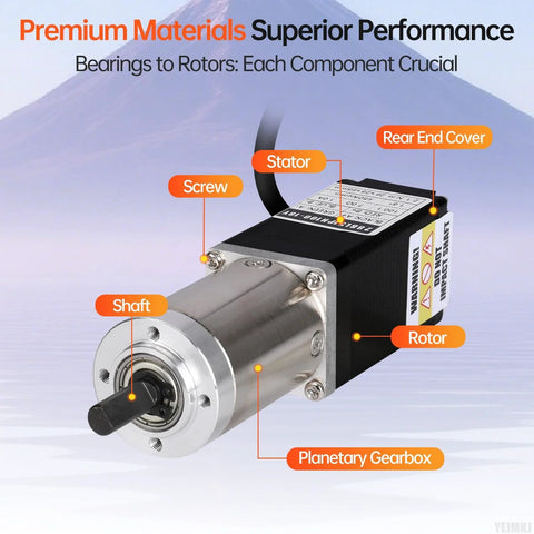 Geared NEMA 11 stepper motor with integrated planetary gearbox; silver shaft, black gearbox housing, label plate visible.