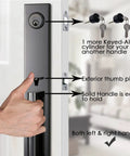 Double Door Handle Set With Deadbolt And Lever For Front Doors Keyed Alike Cylinders Right And Left Handed Heavy Duty Pewter Black Used With Scratches Includes One Keyed Entry Handle And One Dummy Nonlocking Handle installed on door with hand operating handle.