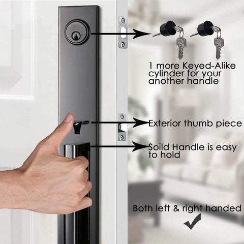 Double Door Handle Set With Deadbolt And Lever For Front Doors Keyed Alike Cylinders Right And Left Handed Heavy Duty Pewter Black Used With Scratches Includes One Keyed Entry Handle And One Dummy Nonlocking Handle installed on door with hand operating handle.