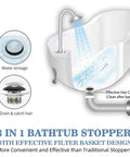 Universal Pop Up Bathtub Drain Stopper And Hair Catcher Features Smart Filter Basket That Snags All The Gunk Instantly with water storage.