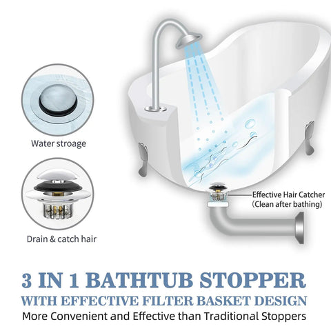 Universal Pop Up Bathtub Drain Stopper And Hair Catcher Features Smart Filter Basket That Snags All The Gunk Instantly with water storage.