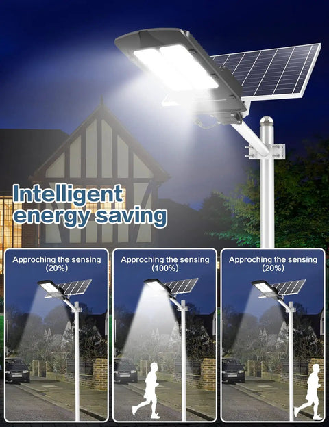 800W Solar Street Flood Light With Dusk To Dawn Sensor illuminating garden path, showing energy-saving features and motion detection.