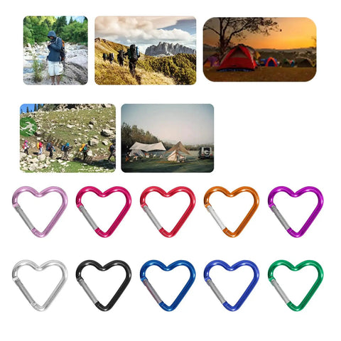 Heart Shaped Carabiner Clip Made From Aluminum Alloy For Keychains And Gear Heavy Duty in multiple colors with hiking and camping scenes