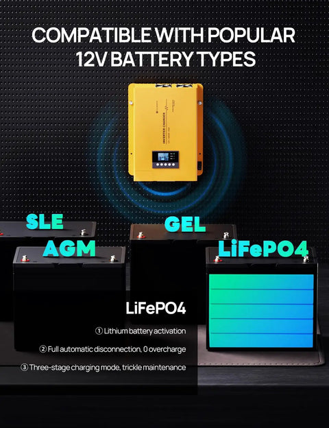 Rock Solid 3000 Watt Pure Sine Wave Inverter Charger with 12V battery types, featuring SLE, AGM, GEL and LiFePO4 models.