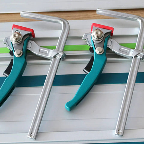 Beefy And Stable Bench Dog Hole Clamps For Woodworking Tables And Workbenches Steel Table Clamps with ratchet lock visible
