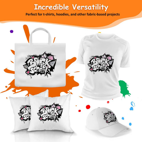 DTF Transfer Film Paper A4 20 Sheets Premium PET on printed shirt, bag, hat, and pillows showcasing versatility