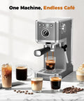 Premium Espresso Coffee Machine With Steam Wand For Cappuccino And Iced Cold Brew Barista Level Shot Pulls Total Coffee Game Changer Smooth Daily Grinds Gray brewing iced and hot coffee drinks.