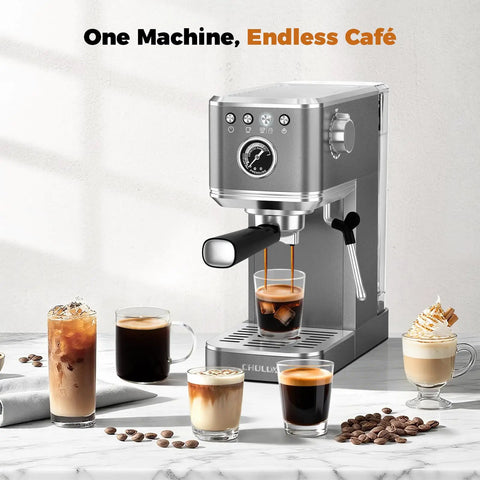 Premium Espresso Coffee Machine With Steam Wand For Cappuccino And Iced Cold Brew Barista Level Shot Pulls Total Coffee Game Changer Smooth Daily Grinds Gray brewing iced and hot coffee drinks.
