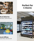 Top Shelf Heavy Duty Commercial Reach In Refrigerator With Split Glass Doors 49 Inch Two Section Design in busy cafe setting.