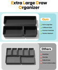 Ten Pack Large Plastic Drawer Organizer Set With Extra Large Large And Medium Trays For Desk Vanity Makeup Bathroom Kitchen Utensils And Office Black Keeps Every Drawer Neat Tidy And Easy To Access shown in top view with different sizes.