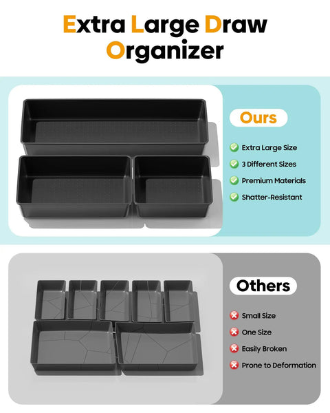 Ten Pack Large Plastic Drawer Organizer Set With Extra Large Large And Medium Trays For Desk Vanity Makeup Bathroom Kitchen Utensils And Office Black Keeps Every Drawer Neat Tidy And Easy To Access shown in top view with different sizes.