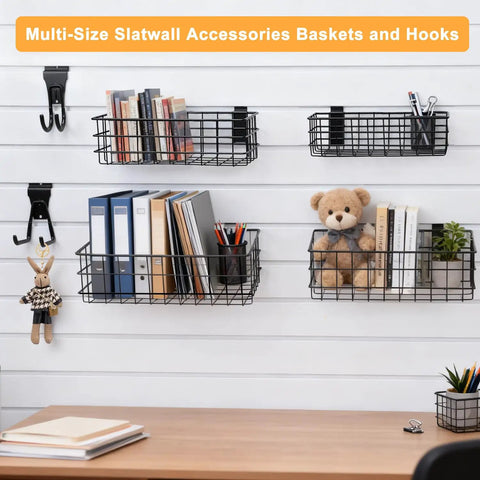 12 Pack Slatwall Organizer Kit With 4 Wire Baskets And 8 Heavy Duty Hooks for garage, retail display, home storage setup.