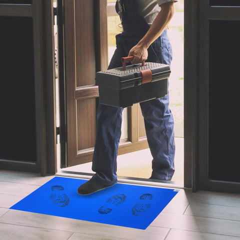Heavy Duty Tear Away Sticky Adhesive Floor Mats 36 By 18 Inch Grit Eater Mud Scoop 300 Sheets Blue underfoot at entryway.