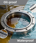 Close-up of metal flange with Gasket Maker Silicone Sealant for High Temperature RTV Black 3.53 Oz, sealing oil and water.