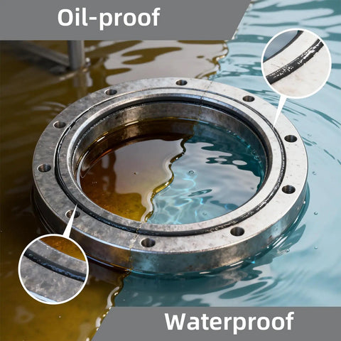 Close-up of metal flange with Gasket Maker Silicone Sealant for High Temperature RTV Black 3.53 Oz, sealing oil and water.