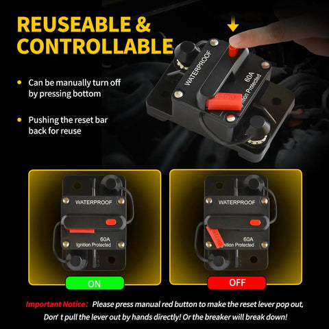 60 Amp DC Circuit Breaker for Marine and Automotive Systems IP67 Waterproof 12V to 48V Manual Reset Battery Disconnect Switch with red reset lever