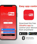 Smartphone displaying UltraPro app interface for controlling devices, promoting hassle-free setup and control from Apple or Google app stores.