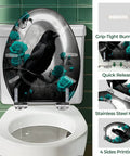 Elongated Toilet Seat Resin for Bathroom with crow and teal roses design, featuring stainless steel hinge, fits most toilets.