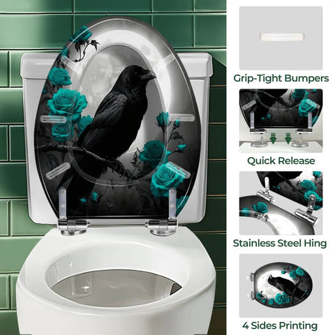 Elongated Toilet Seat Resin for Bathroom with crow and teal roses design, featuring stainless steel hinge, fits most toilets.