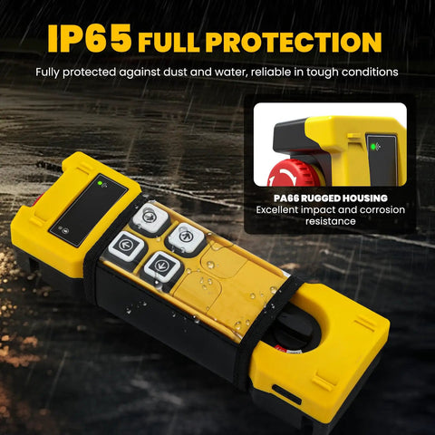 Crane Remote Control 12V 4 Button Wireless Hoist Controller For Industrial Cranes And Trucks Long Range 328 Feet Electric Lift Switch No Fuss Pro Grade Heavy Duty Yellow with IP65 protection shown.